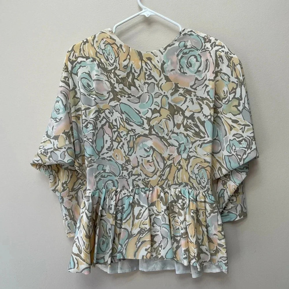 VTG St. Gillian 100% Silk Abstract Floral Dolman Sleeve Peplum Zip Top Size 12 - Picture 2 of 7